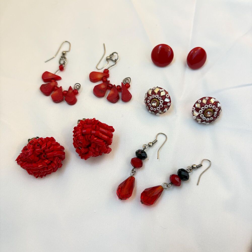 Vintage Red Statement Earring Lot of 5, Boho Beaded Y2K Jewelry Bundle Retro